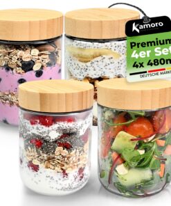 Overnight Oats Gläser 4er Set – Perfect für Nachhaltige Meal Prep – Ideal für Overnight Oats & Müslibecher to go – 480 m