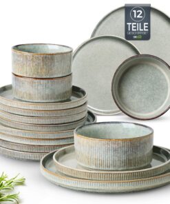 GBhome Steingut Geschirrset 12-tlg 4 Personen Mikrowellenfest Spülmaschinenfest Reaktive Glasur Handarbeit Desert Salbei