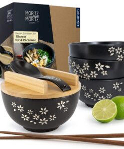 Moritz & Moritz Schwarzes Keramik Ramen Bowl Set - Für 4 Personen - 600 ml - 15 cm Ø - Suppe, Pho und Sushi Bowl Inkl. S