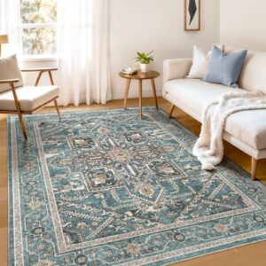 WITSHOCK Boho Wohnzimmerteppich 150x200cm Mattes Blaugrün, Waschbar, Rutschfester, OEKO-TEX, Wohnzimmer & Schlafzimmer W