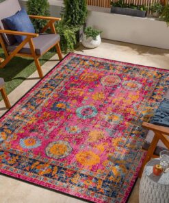Jiyuhang Vintage-Stil Teppiche, kurzfloriger, rutschfester, maschinenwaschbar, mehrfarbig, rosa, schicker traditioneller