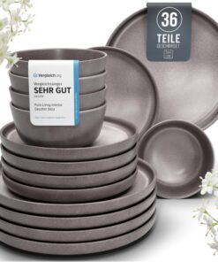 Steingut Geschirrset 12 Personen 36 Teile - Hochwertig Matt Grau-Braun Urban Style - TEST SEHR GUT Pure Living