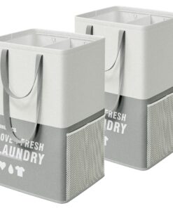 SONGMICS Wäschekorb 2 Fächer, hellgrau, für Schlafzimmer und Waschküche, faltbar und leicht zu bewegen, 90 Liter LCB209G
