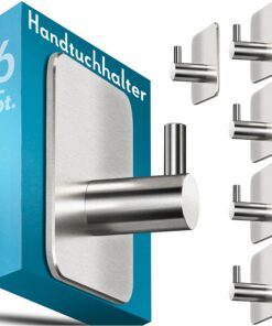 Edelstahl Badezimmer Handtuchhalter ohne Bohren - langlebige Haken fürs Bad, wasserfeste Klebehaken, 6 Stück