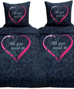 Leonardo Vicenti 4-teilig Microfaser Partner Bettwäsche 135x200 Schwarz mit Herz in Pink und Love Fotodruck Reißverschlu