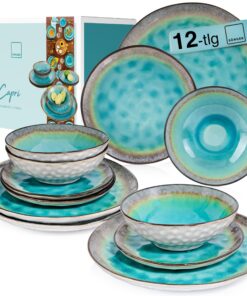 SÄNGER PREMIUM COLLECTION Steingut Geschirr Capri Teller Set 4 Personen Türkis Blau Grauer Rand