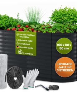 TTL GARDEN Anthrazit Hochbeet für Gemüse und Kräuter - Stahlrostverzinkt & grau lackiert - 160x80x80cm - Stabile ovale F