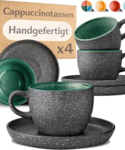 Cosumy Cappuccino Tassen 4er Set 200ml - Dickwandiges Keramik Steingut Grün Hält Lange Warm