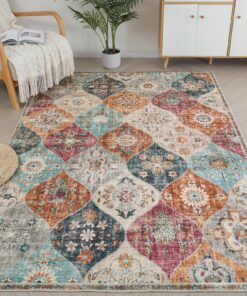 Blumen Boho Teppich - Rutschfester Waschbarer Ultraweicher Antiker Niedriger Flor Flächenteppich für Wohnzimmer - OEKO-T