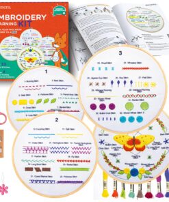 Azenera Stickset für Anfänger – Kreuzstich & Sticken lernen mit Videoanleitung | 4 Stoffdesigns, Fäden, Bambusrahmen & W