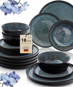 SÄNGER Manila Steingut Geschirrset 18 Teile 6 Personen - Kratzfest Blau mit Schwarzem Rand