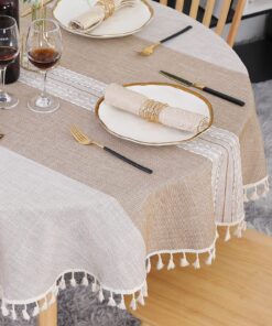 SUCHDECO Abwaschbare Khaki Leinen Tischdecke Rund 140 cm für Küche und Esszimmer mit Streifenstickerei
