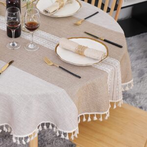 SUCHDECO Abwaschbare Khaki Leinen Tischdecke Rund 140 cm für Küche und Esszimmer mit Streifenstickerei