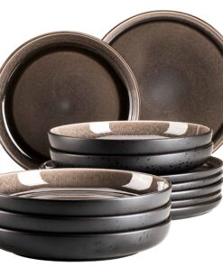 MÄSER 934021 Serie Niara Modernes Keramik Teller Set für 6 PersonenVintage Look 12-teiliges Tafelservice Grau Schwarz St