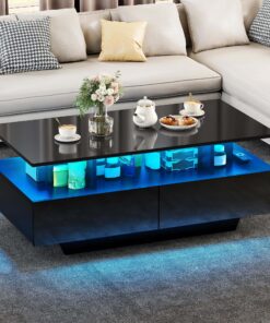 YITAHOME Couchtisch Schwarz | Hochglanz Beistelltisch mit LED Beleuchtung & Offenem Regal | Wohnzimmerideen | Moderner D