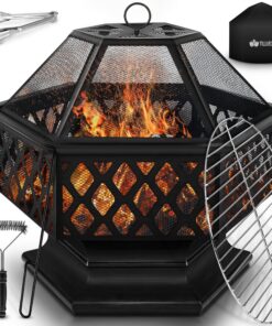 tillvex Feuerschale | 4 in 1 BBQ Grill mit Funkenschutz & Zubehör | für Garten Outdoor Schwarz