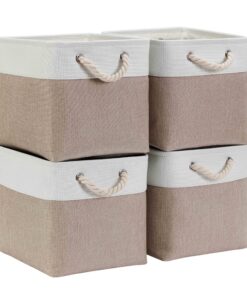 Mangata Faltbare Aufbewahrungsbox Stoff 33x33x33 cm, Helles Khaki Weiß, für Kleidung im Schrank und Regal, (4er Pack)