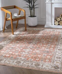 TOPICK Rutschfester Teppich, Ziegelrot, 150 x 210 cm,Vintage-Blumenmuster für Wohnzimmer und Büro