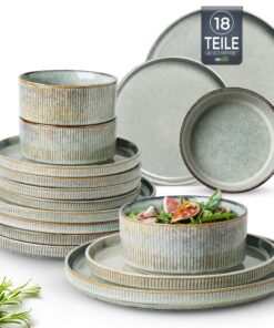 GBhome Steingut Geschirrset 6 Personen 18-tlg, Mikrowellen- & Spülmaschinenfest Handarbeit Reaktive Glasur
