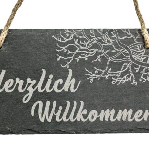 Spruchreif Schiefer-Tafel Herzlich Willkommen | Türschild Gravur Kordel | Willkommensschild Für Ihre Haustür
