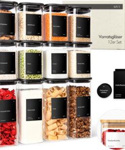 KIVY Eckige Vorratsgläser [12er Set] Luftdicht & Stapelbar mit Etiketten