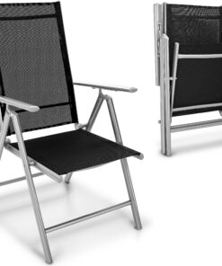 Tillvex Silber Gartenstuhl 2 Stück klappbar aus Aluminium | Hochlehner mit Armlehnen | Verstellbare Klappstühle für Balk