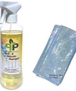 Rauch- und Nikotin-Reiniger 500ml inkl.Microfaser-Tuch 40x40cm für rauchverschmierte Hände und Möbel | 500ml Ruß- und N