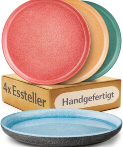 Cosumy Speiseteller Set aus Steingut – Handgefertigt mit buntem Farbspiel, Mikrowellen- & Spülmaschinenfest – 4er Set Ø2