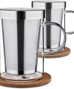 Cosumy Teebecher mit Deckel und Sieb - 2er Set - Borosilikat Glas, 400ml - Feiner Filter für Teebecher - Idealer Geschen