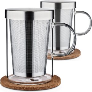 Cosumy Teebecher mit Deckel und Sieb - 2er Set - Borosilikat Glas, 400ml - Feiner Filter für Teebecher - Idealer Geschen