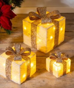 LED Geschenkboxen mit Timer 3er Set für Weihnachten - warm weiß beleuchtet | Weihnachts Dekoboxen 3er Set Timer - batte