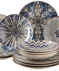 MÄSER 934017 Iberico Blue 12-Tellergestell für 4 Personen im maurischen Stil,Vintage Mustern in Weiß und Blau, Steinzeu