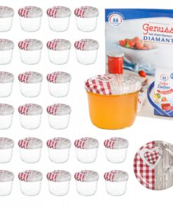 MamboCat 25er 230 ml Einmachgläser Sturzglas-Set | Twist-Off-Deckel Holz-Herz rotkariert + GRATIS Rezeptheft | backofeng