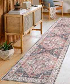 Carvapet rutschfest WASCHBAR Lang Dünner Teppich 60x300cm Wohnzimmer Schlafzimmer Küche RosaVintage Medaillon