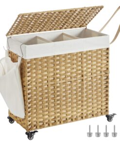 SONGMICS Wäschekorb mit Deckel LCB363N01, 140 L für Waschküche, Rattan-Optik, 66 x 33 x 66 cm, Wäschesortierer mit Rolle