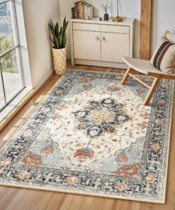INOVADAY Vintage rutschfest Waschbarer Teppich für Wohnzimmer und Schlafzimmer Beige/Blau/Orange OEKO-TEX STANDARD 100