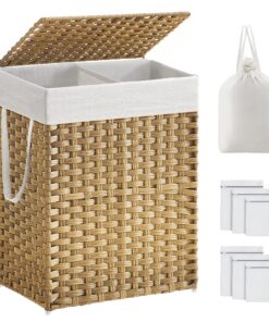 SONGMICS Wäschekorb mit Deckel LCB251N01V1, 90 Liter Fassung, für Schlafzimmer und Badezimmer, handgeflochten, herausneh