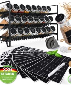 Gewürzregal Set mit 24 Gläsern + 336 deutschen Etiketten | Stehend oder Wand | Gewürz Organizer Küchensortierer