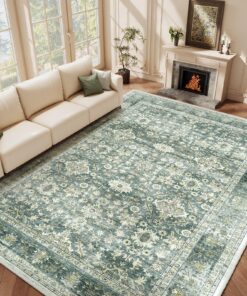 HOMFINE Grün Vintage Teppich für Wohnzimmer Waschbarer Kurzflor Boho Rugs Groß Retro Rugs 160x230 cm OEKO-TEX STANDARD 1