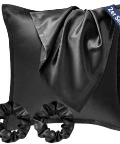 Satin Kissenbezug 80x80 2er Set, Weich wie Seidenkissenbezug Silk Pillowcase, für Haar und Haut mit Haargummis, Schwarz