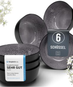 Steingut Hochwertige Müsli Schüssel 6 Pers. TEST SEHR GUT – spülmaschinen-, mikrowellen- und kratzfest – Grau