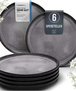 Steingut Teller Groß 6 Personen TESTSIEGER, Pure Living Grau für 6 Personen, Stylisches Esser Set