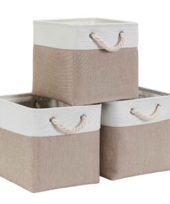 Mangata 30x30x30 cm Faltbare Aufbewahrungskorb mit Griff für Regal und Schrank - Helles Khaki Weiß - 3er Set