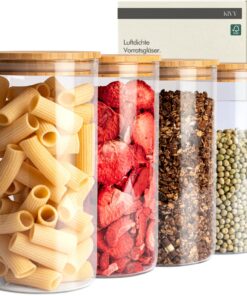 KIVY Vorratsgläser Luftdicht mit Bambusdeckel [4x 1200ml] - Glasbehälter für Küche & Müsli Aufbewahrung