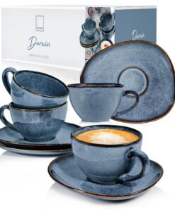 SÄNGER Darwin Kaffeetassen Set 8 Stück | Spitze Glaskeramik für 4 Personen | Kaffeetasse mit Untertasse Spülmaschinenfes