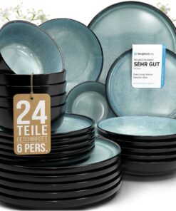 Steingut Geschirrset 6 Personen TESTSIEGER, Traumhaftes Mediterranes Steingut Geschirr Set, Pure Living in Petrol