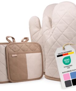 Topflappen und Ofenhandschuhe Set - Koch- und Backhandschuhe aus Baumwolle, hitzebeständig bis 250°C, Beige OEKO-TEX STA