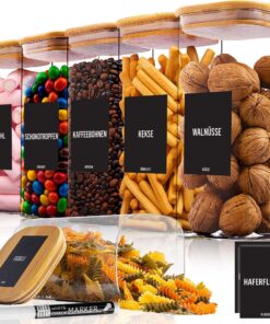 Deco haus® Eckige Vorratsgläser mit Luftdichtem Holzdeckel 6er Set [+ETIKETTEN]