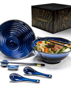 Premium Ramen Schüssel - asiatisch voor Pho-Suppe, Müsli & Salat | 8-teiliges Keramik Set | ORIGINAL JAPANISCH inkl. Löf