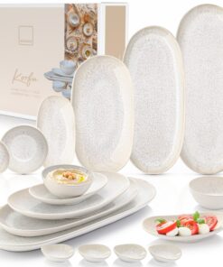 SÄNGER PREMIUM COLLECTION Servierplatten Korfu 11 tlg, Geschirrset Steingut inkl. Dip Schalen, Spülmaschinenfest Creme m